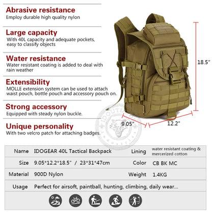 IDOGEAR 40L Tactical Backpack Molle 900D Nylon Water Resistant Travelling Backpacks 3504