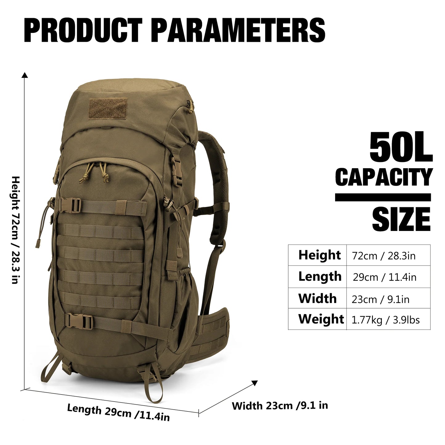 Mardingtop 50L Molle Hiking Internal Frame Backpacks with Rain Cover
