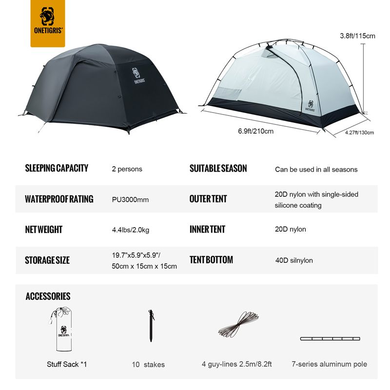 Black Tigris Stella Series Easy Setup Instant 2-Person Outdoor Tent 3000mm Waterproof