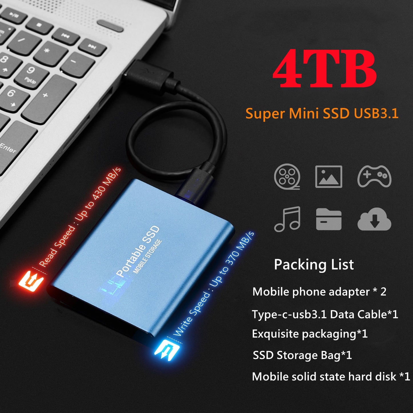 Portable SSD USB 3.1 Mobile Solid State Hard Drive Type C High Speed Hard Disk